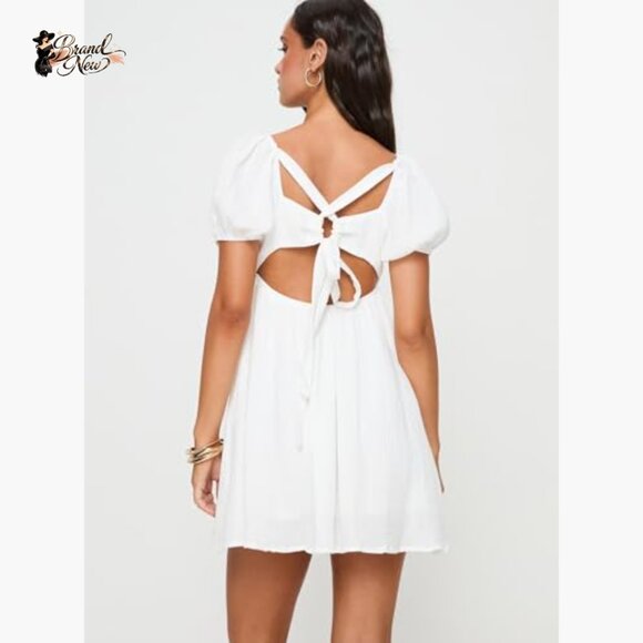 White Mini Dress with Puff Sleeves, Square Neck, Cotton Summer Party - Picture 3 of 7